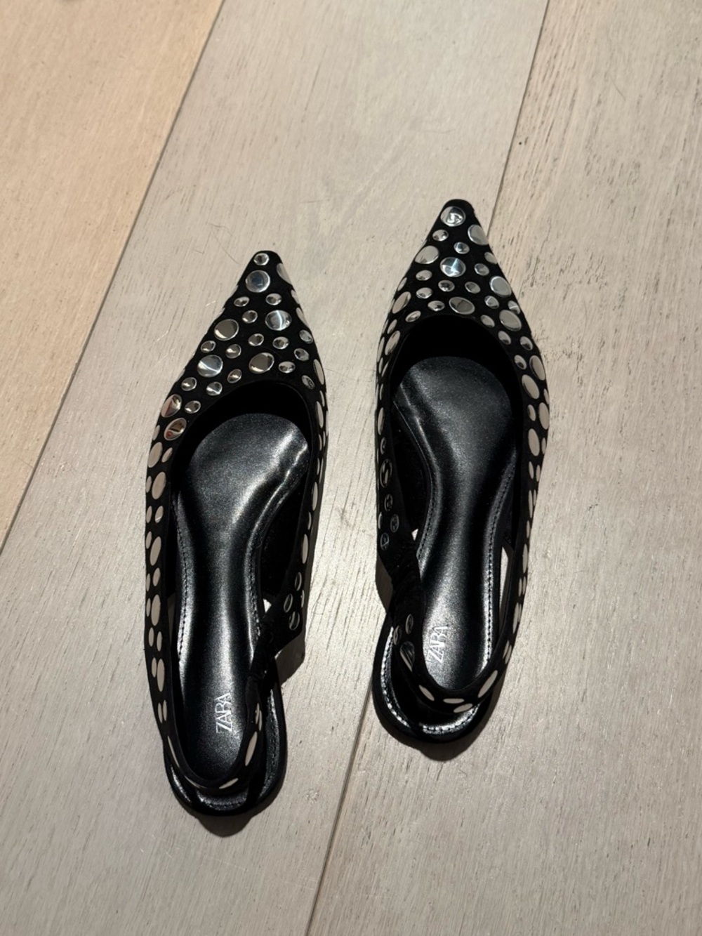 Zara Black Pointed Slingback Flats with Silver Studs